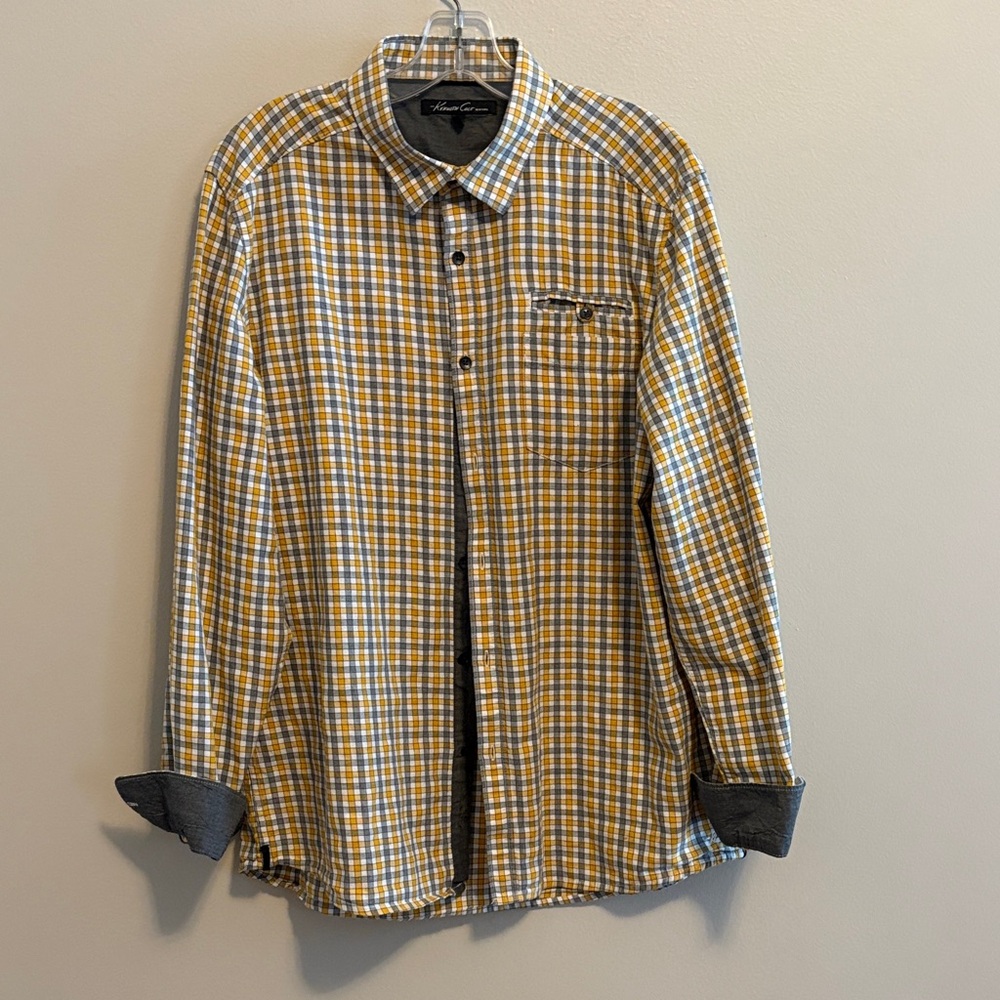 Kenneth Cole New York Yellow and Gray Plaid Shirt